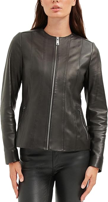 Women's Genuine Lambskin Leather Jacket - Collarless Italian Leather Jacket