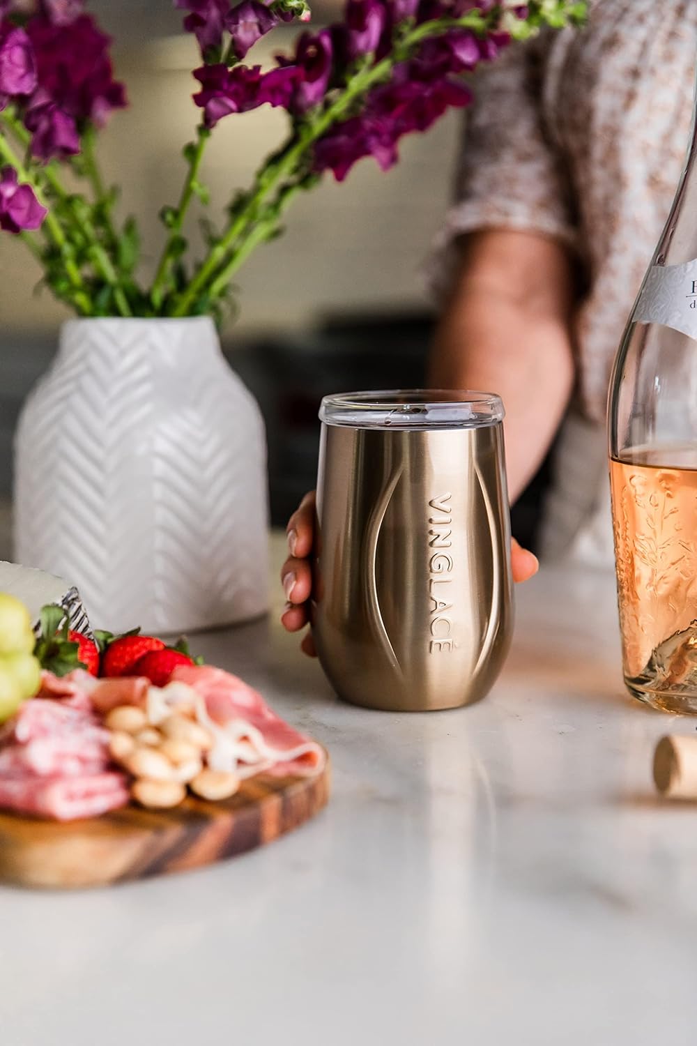 Vinglacé Stainless Steel Stemless Wine Glass- Insulated Wine Tumbler with Glass Insert and Sip Lid, 10 oz, Copper