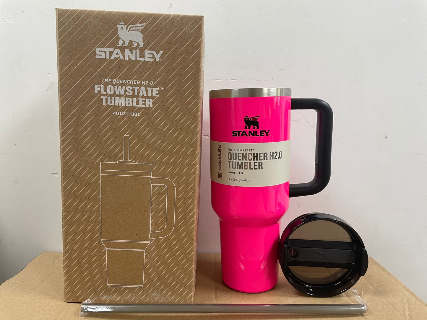 Stanley New Electric Neon Pink And Black Quencher H2.0 40 oz Tumbler